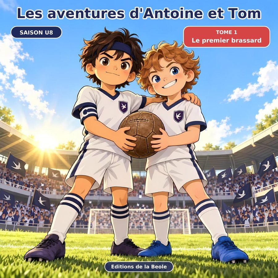 Cover of book 1: Tom and Antoine, in white and navy kits, hold Grandpa Jo's old leather football together in a stadium.