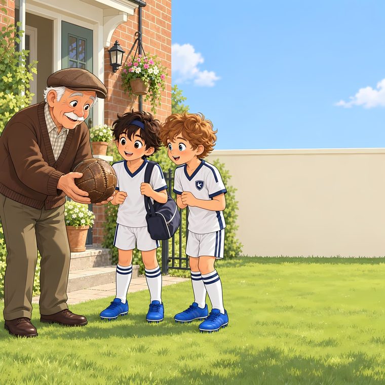 Grandpa Jo hands the old leather football to the twins outside his house