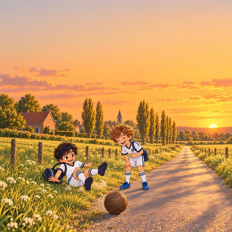 At sunset, Tom has fallen in the grass and Antoine is laughing, the ball rolling along the road